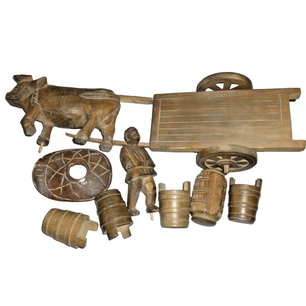 Vintage Hand Carved Wood Folk Art Set‎ Ox Drawn Cart Farmer Barrels Buckets 10pc